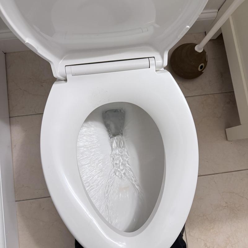 Toilet flushing with water flow and plunger nearby Toilet flushing with water flow and plunger nearby