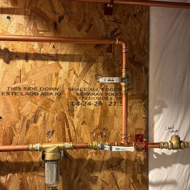 Copper main water line with check valve and filter