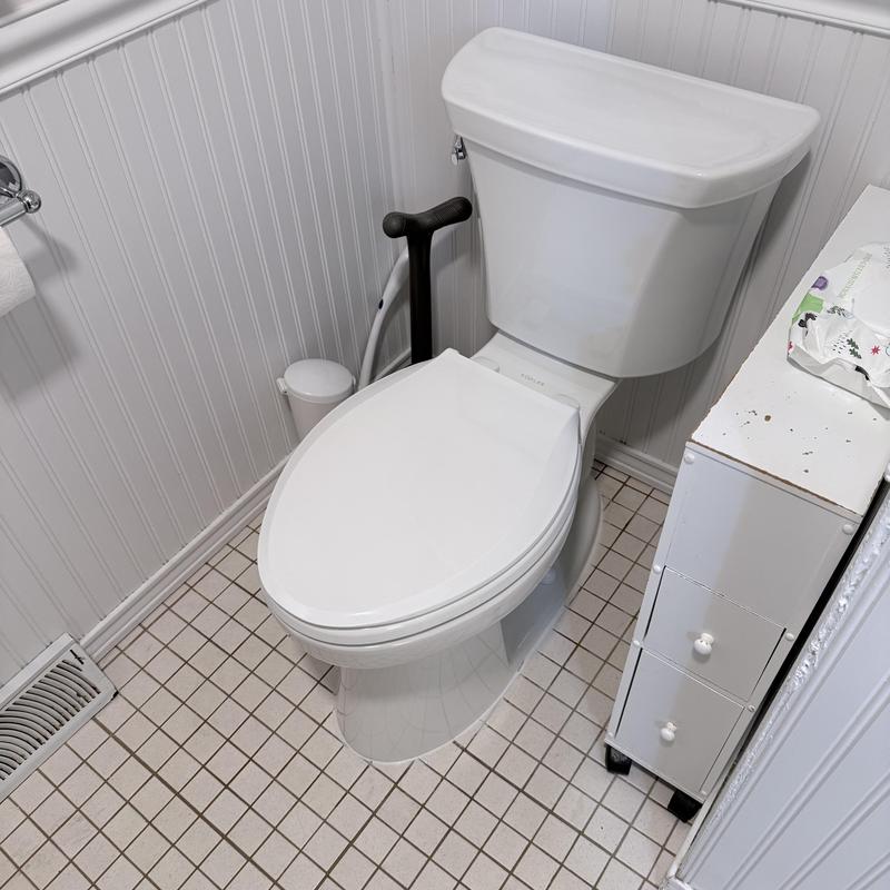 Toilet fixture with new seat and tank in bathroom