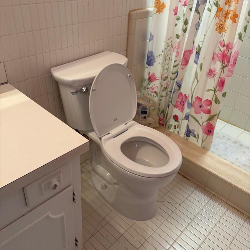 Toilet installation with floral shower curtain nearby