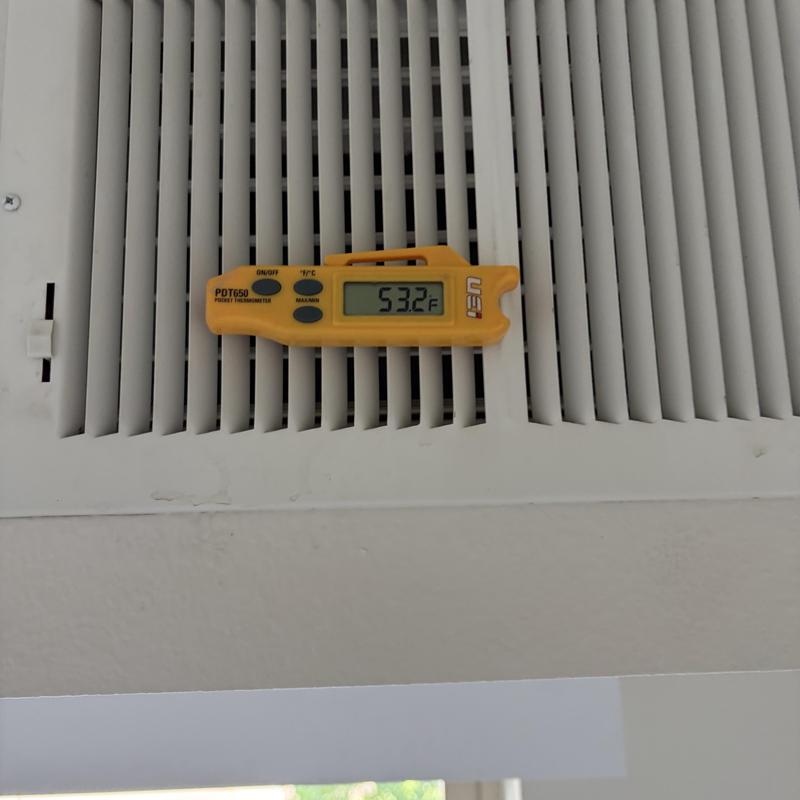 Air vent temperature reading at 53.2°F on vent grille Air vent temperature reading at 53.2°F on vent grille