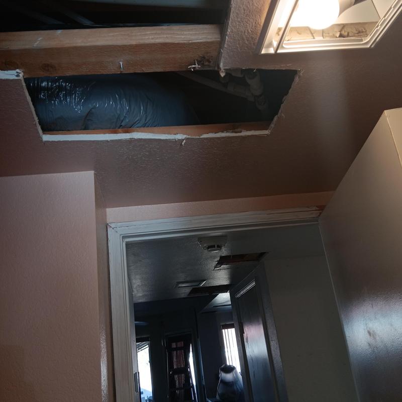 Ceiling access panel with ductwork visible above Ceiling access panel with ductwork visible above