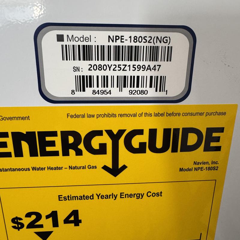 Navien NPE-180S2 tankless water heater label Navien NPE-180S2 tankless water heater label