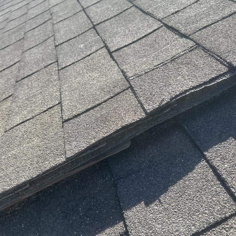 Asphalt roof shingles with lifting and damage
