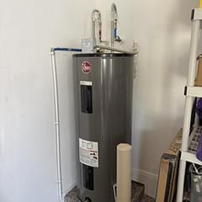 80-gallon RheemRuud water heater installation in utility room