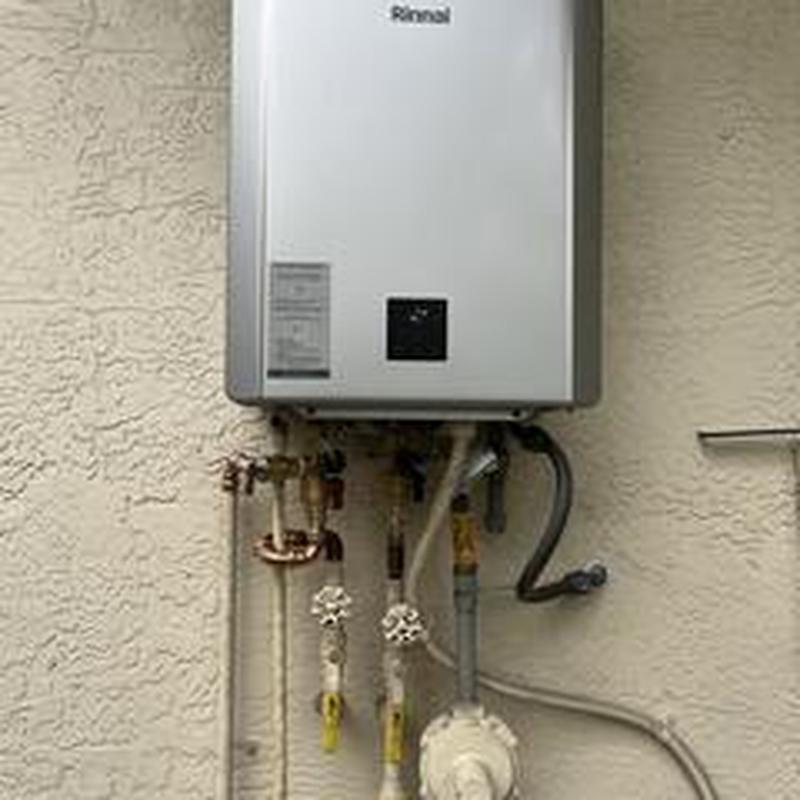 Rinnai tankless water heater with plumbing connections