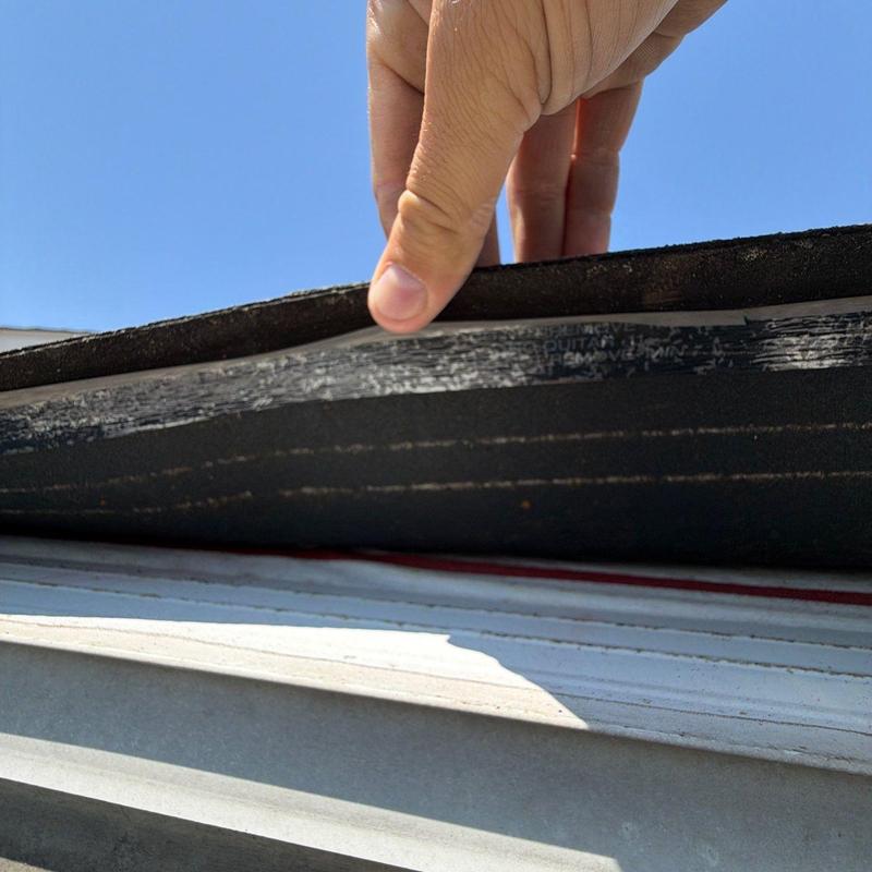 Roofing underlayment lift showing hail damage inspection