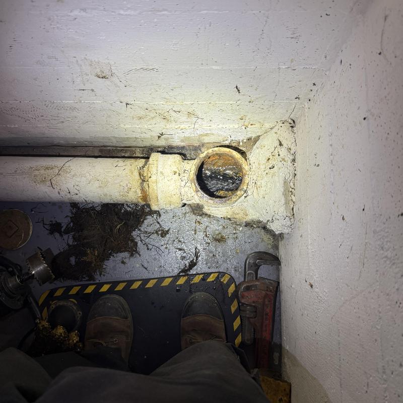 Main sewer pipe clearing in utility area
