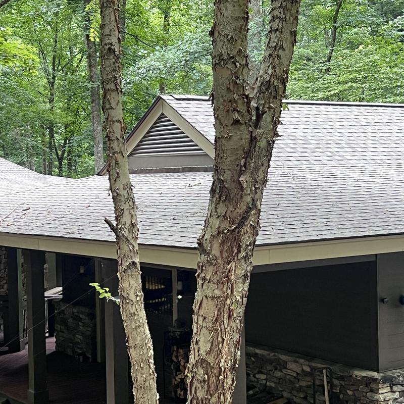 Asphalt shingle roof replacement with chimney repair