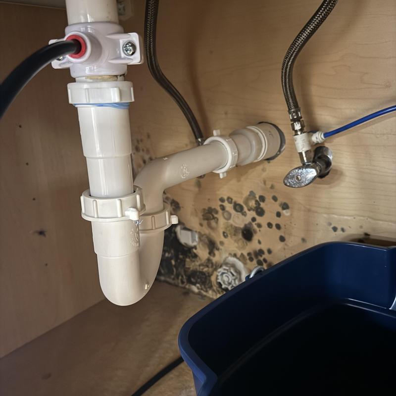 Bathroom sink drain pipe with water damage under cabinet