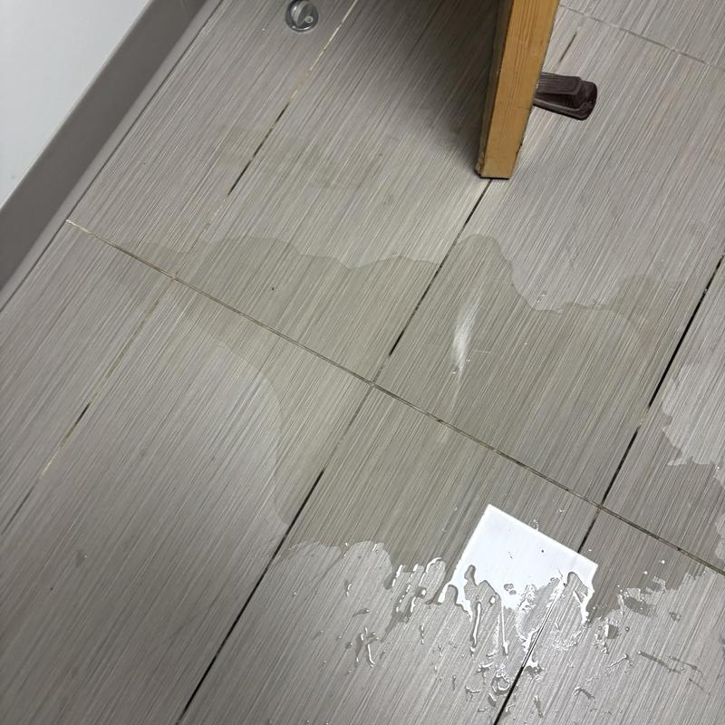 Toilet water leak on tiled floor near door frame Toilet water leak on tiled floor near door frame