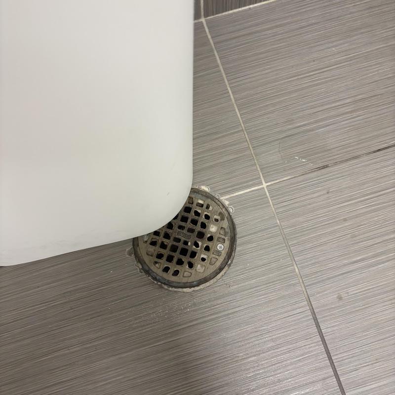 Main line floor drain near toilet base on tiled floor Main line floor drain near toilet base on tiled floor