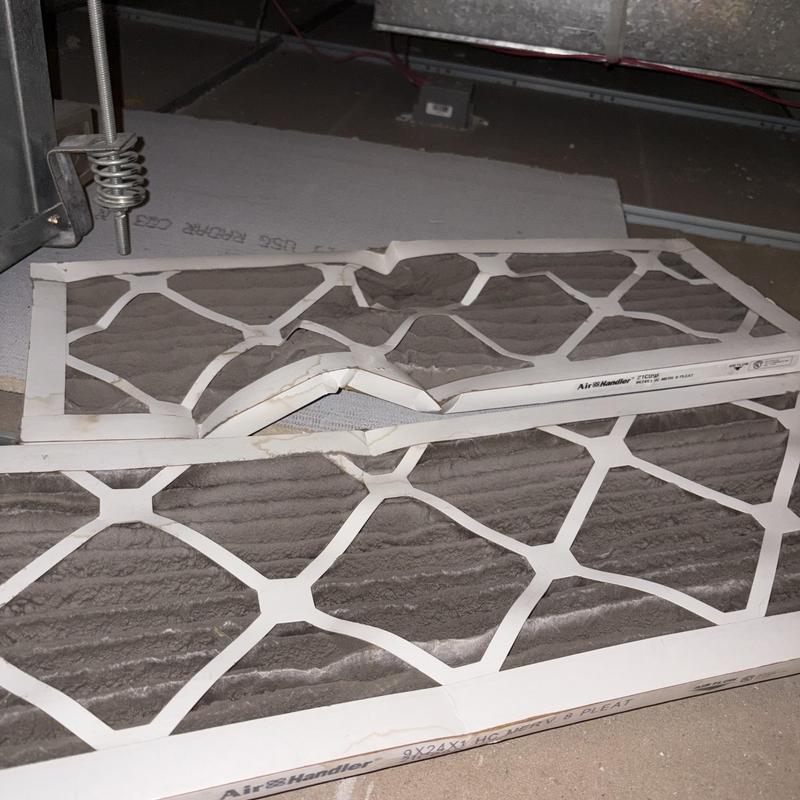 Air handler air filters damaged and dirty in HVAC system Air handler air filters damaged and dirty in HVAC system