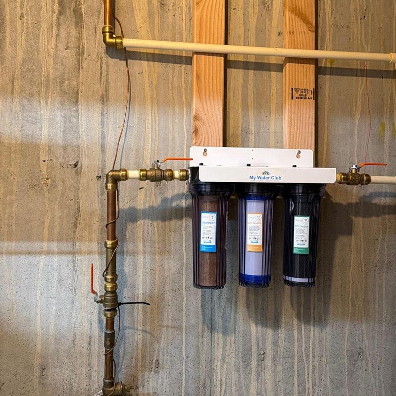 Water filtration system with backing board and bypass loop