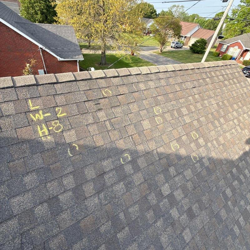 Asphalt shingle roof with hail damage markings