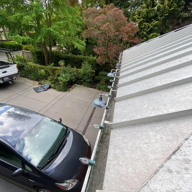 Gutter cleaning and debris removal on metal roof