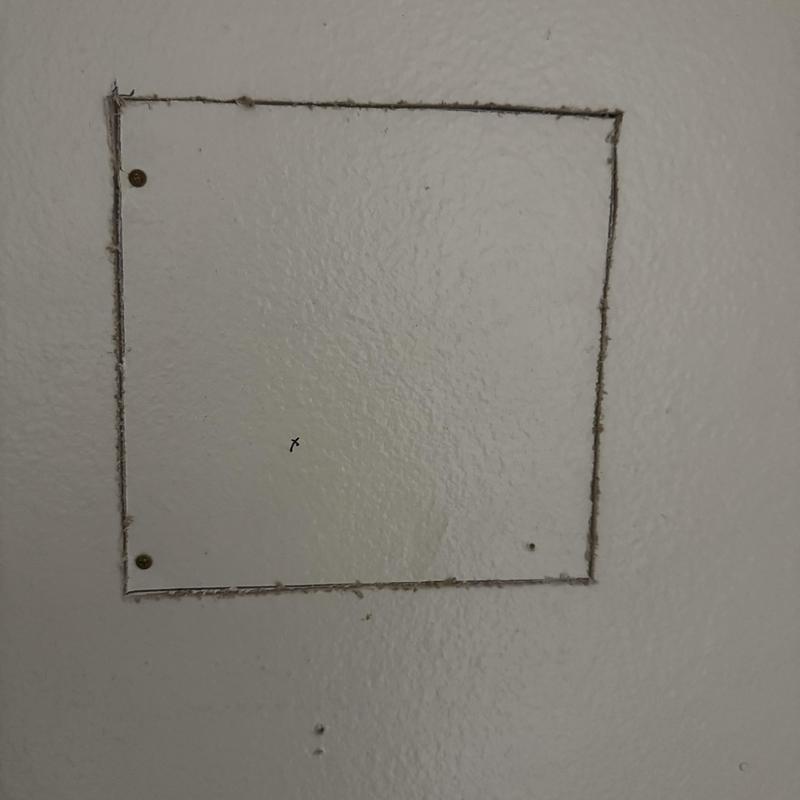 Drywall access panel cut for shower arm repair Drywall access panel cut for shower arm repair