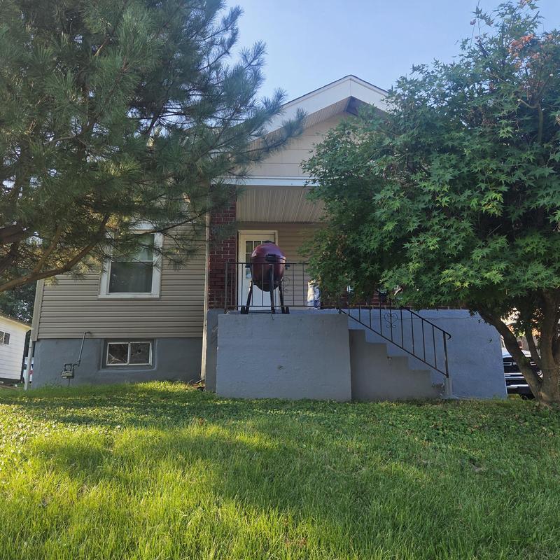 House roof and porch inspection with front lawn and trees House roof and porch inspection with front lawn and trees