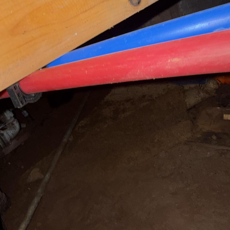Red and blue PEX water supply pipes installed under house Red and blue PEX water supply pipes installed under house