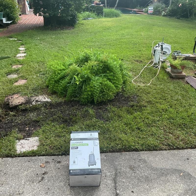 Little Giant yard drainage pump box on lawn Little Giant yard drainage pump box on lawn