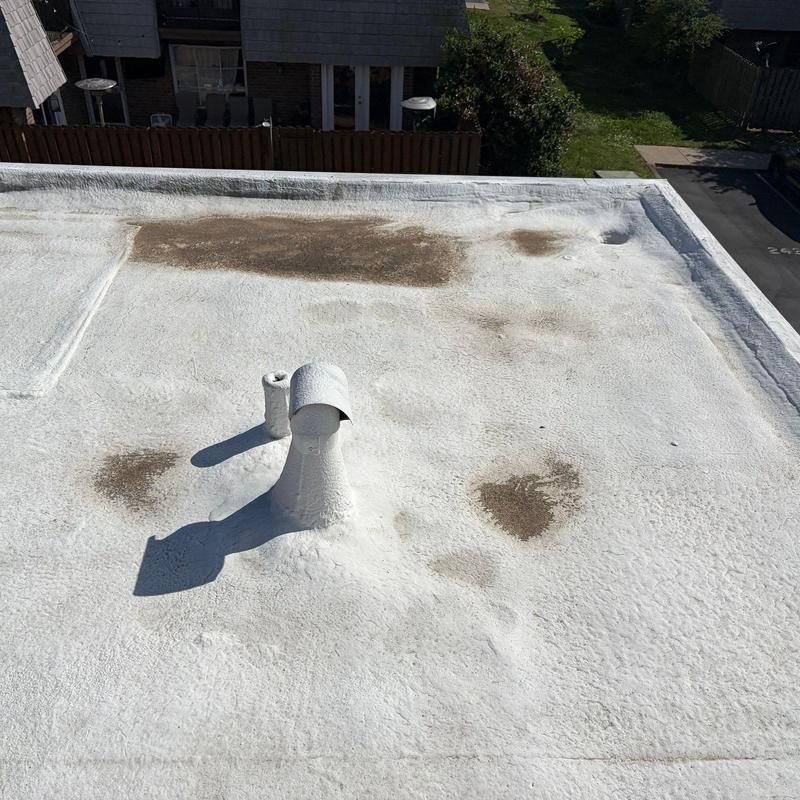 Flat roof membrane with patch discoloration and vents
