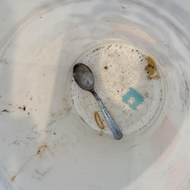 Disposal interior with jammed spoon removed inside bucket Disposal interior with jammed spoon removed inside bucket