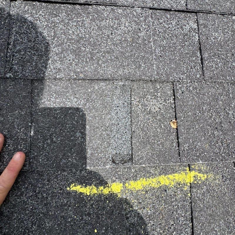 Asphalt roof shingles with marked hail damage