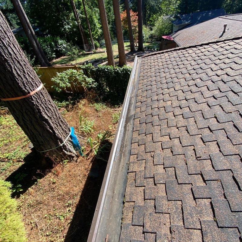 Gutter and asphalt shingle roof cleaning with debris removal