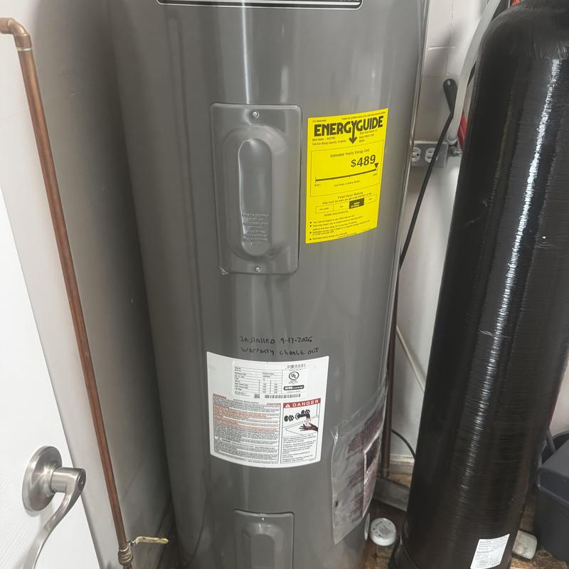 50-gallon electric water heater with EnergyGuide label 50-gallon electric water heater with EnergyGuide label