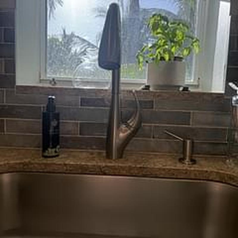 Kitchen faucet and sink with soap dispenser next to window