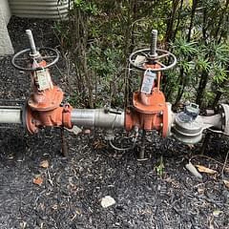 Domestic backflow assembly with valves and meter outdoors