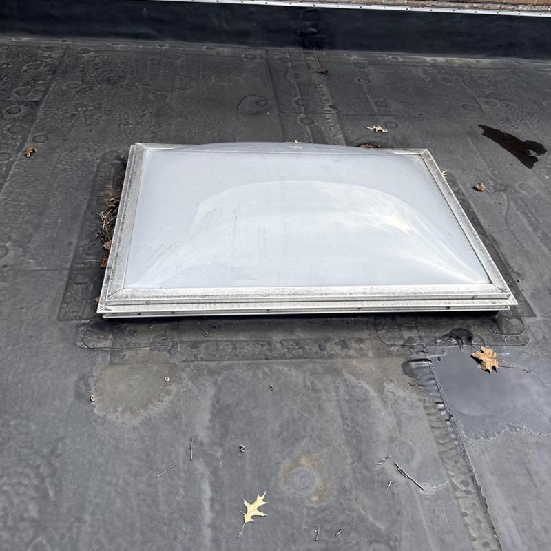 Velux skylight on EPDM rubber roof with debris