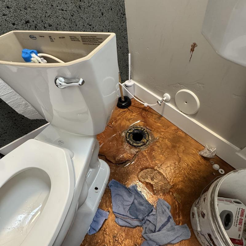 Toilet and floor flange with water cleanup tools Toilet and floor flange with water cleanup tools