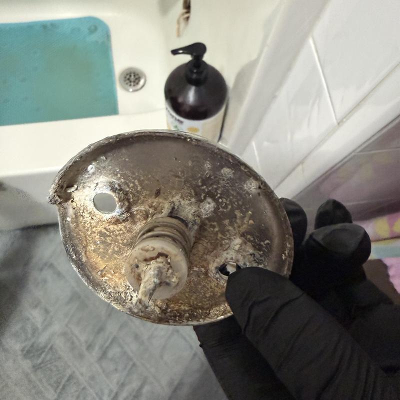 Bathroom drain stopper with corrosion and buildup Bathroom drain stopper with corrosion and buildup