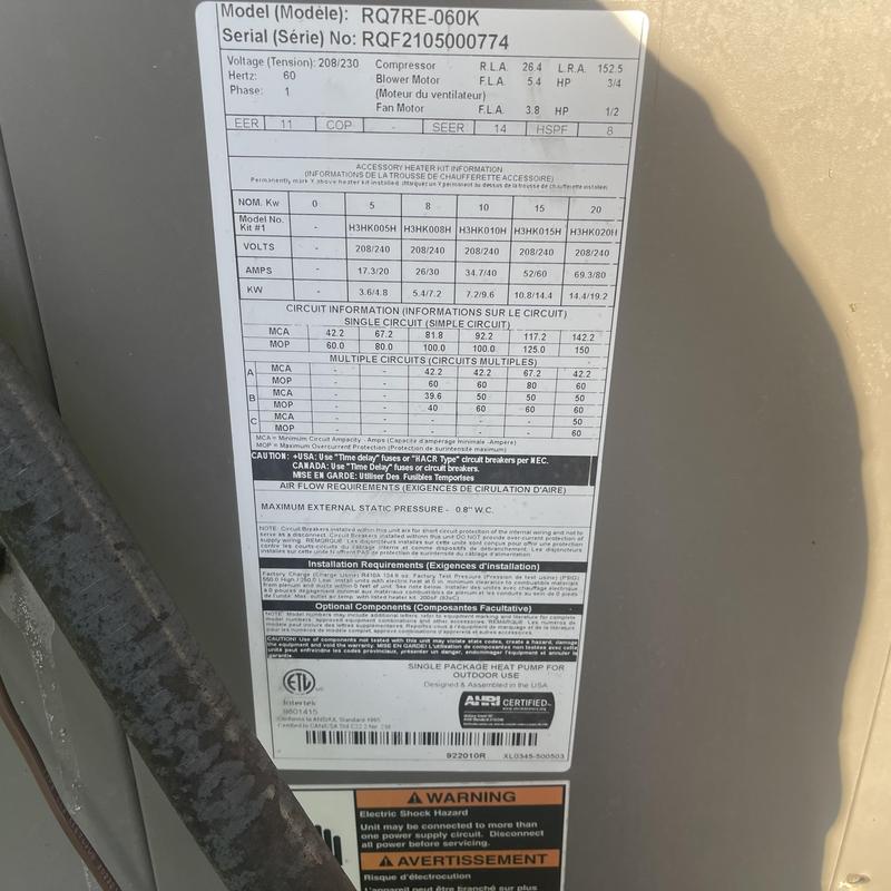 Packaged heat pump model RQ7RE-060K data label