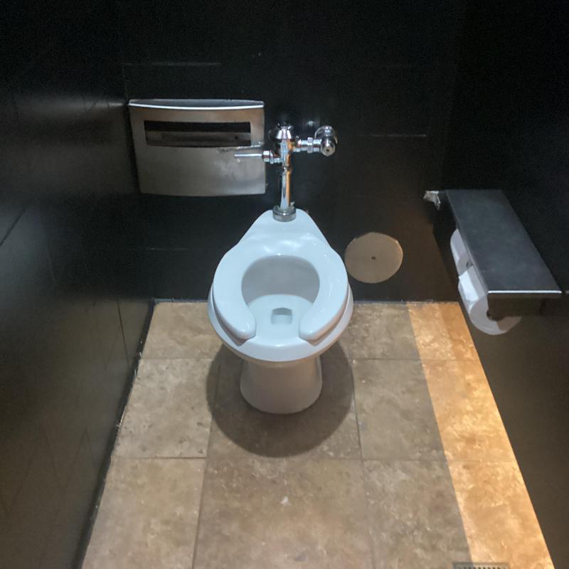 Toilet seat and vanity faucet in men's restroom stall Toilet seat and vanity faucet in men's restroom stall