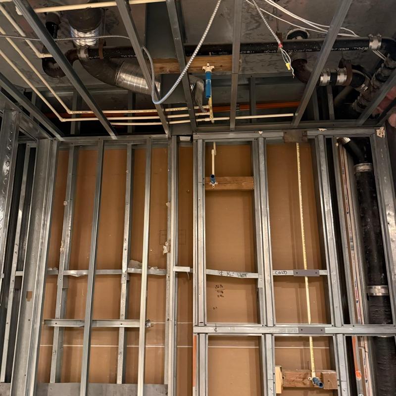 Plumbing rough-in pipes within metal wall framing