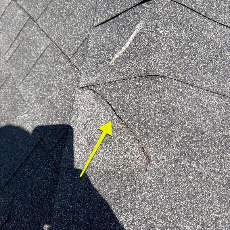 Roof shingle with visible crack and hail damage