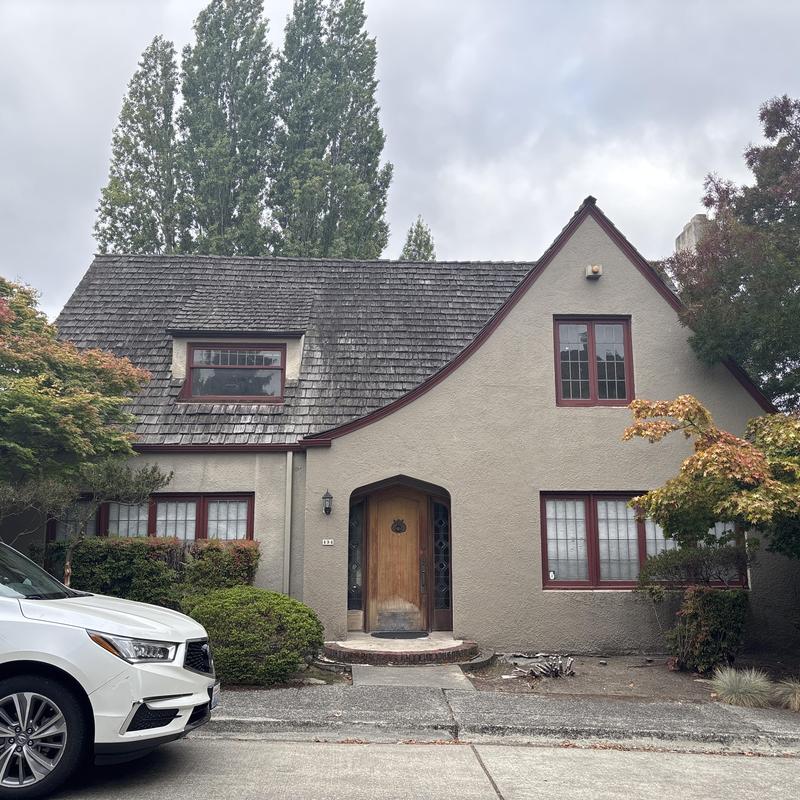 Cedar shingle roof on Tudor-style home