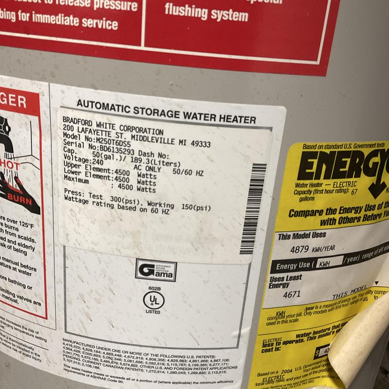 Automatic storage water heater label with specs