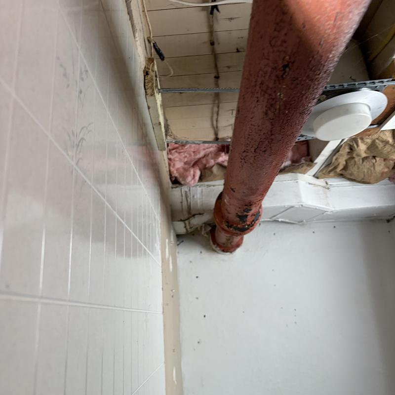 Cast-iron drain pipe in ceiling with insulation exposed