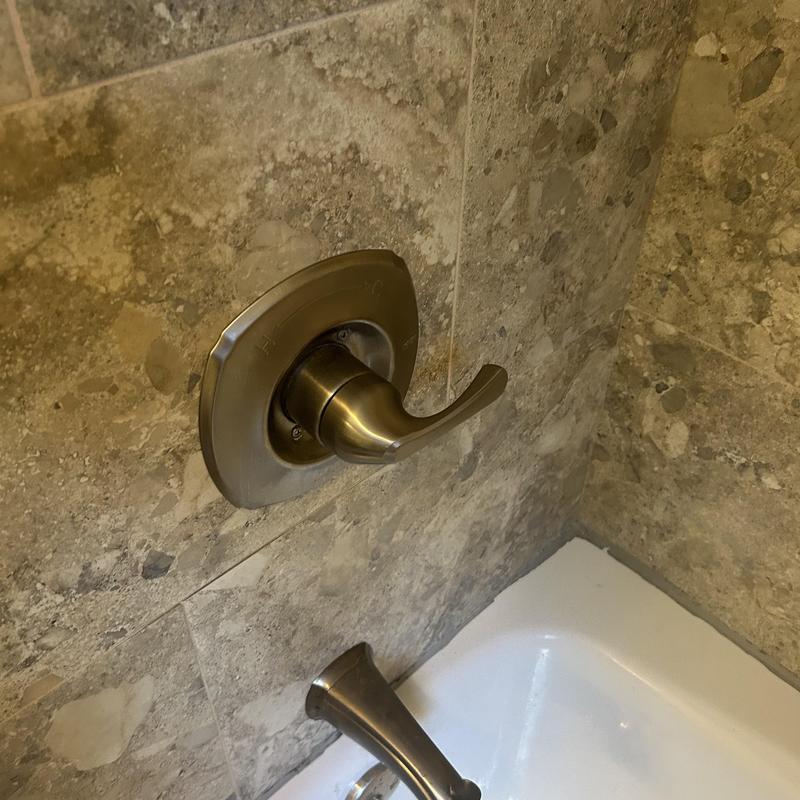 Delta shower valve handle and tub spout in bathroom Delta shower valve handle and tub spout in bathroom