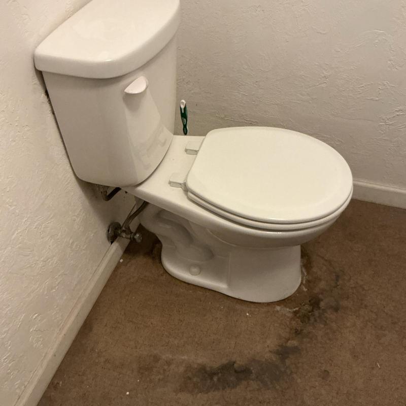 Toilet with leaking wax seal and water damage on floor Toilet with leaking wax seal and water damage on floor