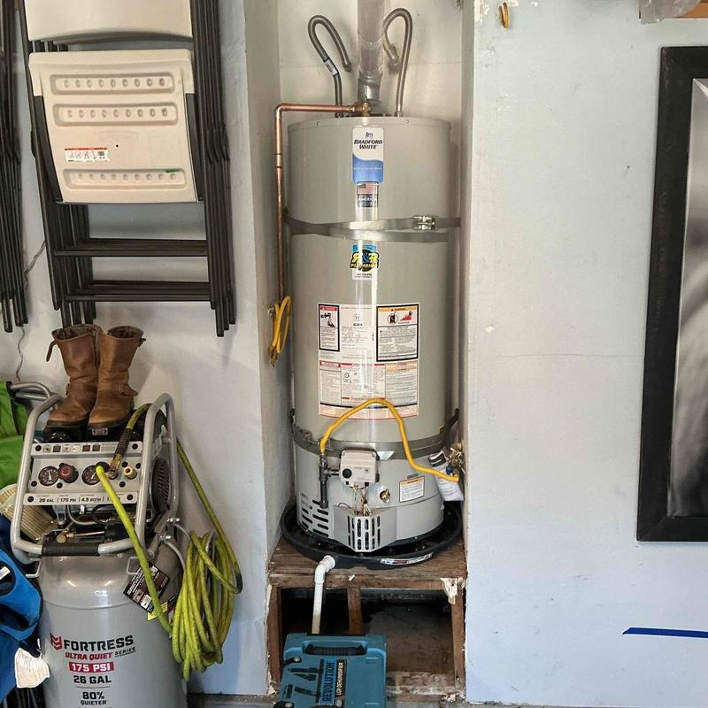 Bradford White water heater with gas and vent connections