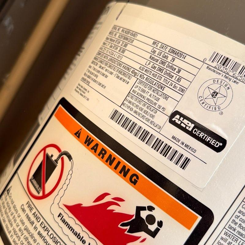 Gas water heater safety and certification labels