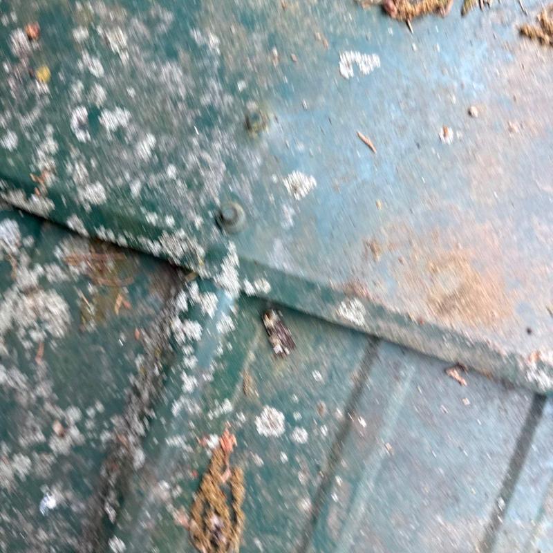 Metal roof panels with rust and lichen buildup