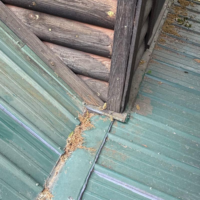 Metal roof flashing with debris near wooden siding