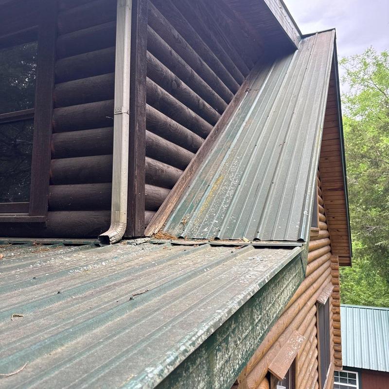 Metal roofing with rust and debris buildup near gutter downspout