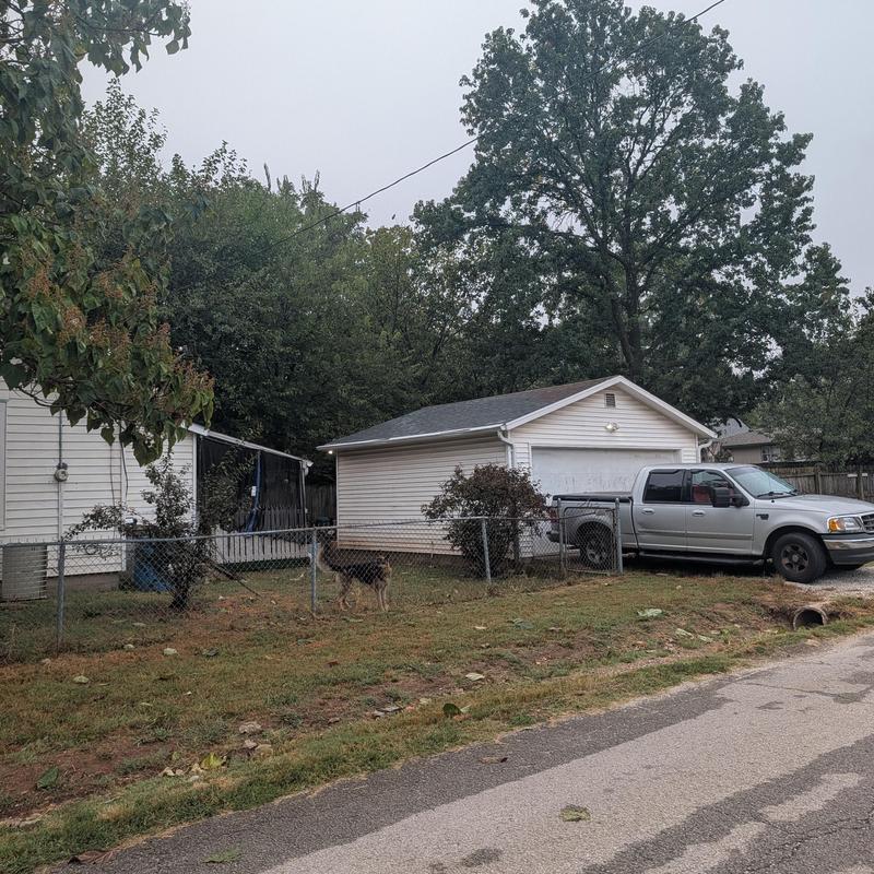 Shed exterior siding and roofing with vehicle parked