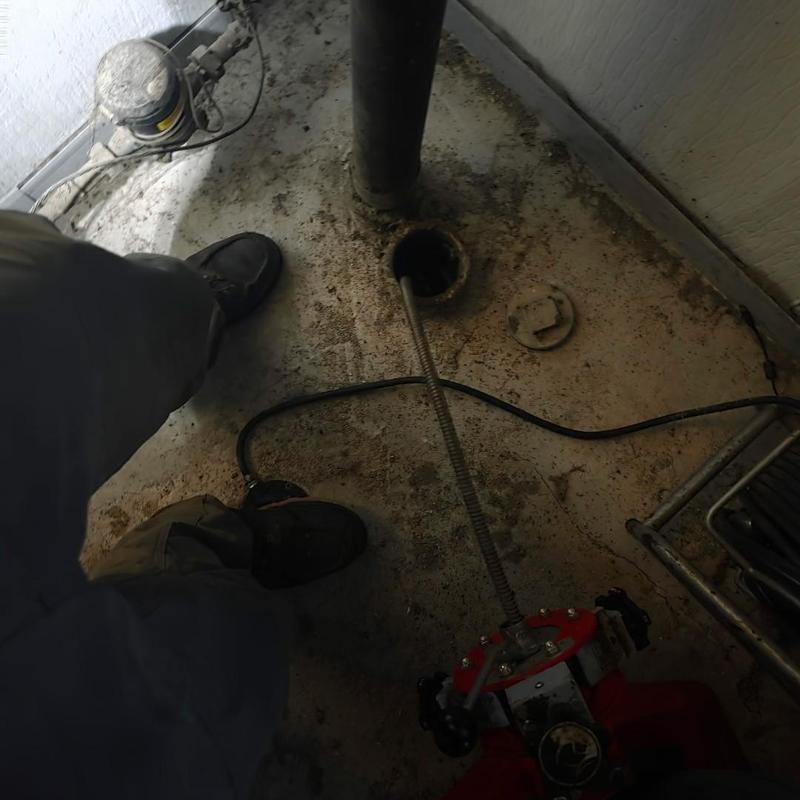 Laundry drain clog removal with plumbing snake tool Laundry drain clog removal with plumbing snake tool